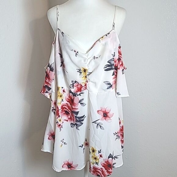 Rosegal Cold-Shoulder Top, White with Red & Yellow Flowers, Size 3X or 20, NWT - Picture 3 of 11